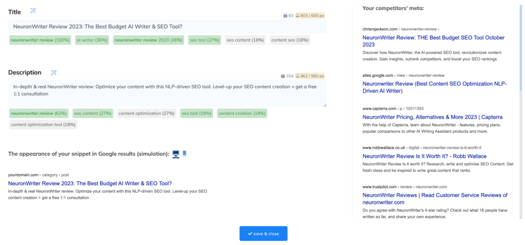 neuronwriter's title and meta description tool