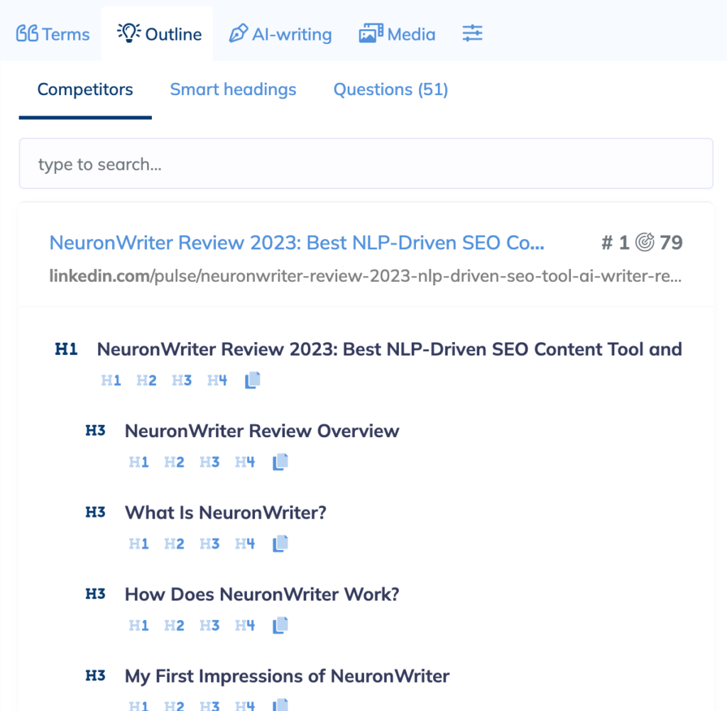 neuronwriter's outlining tool