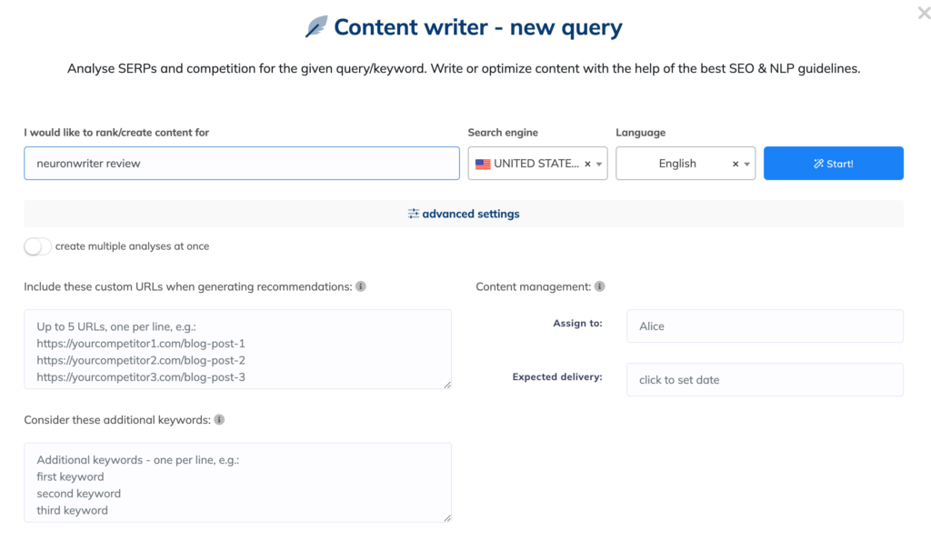 creating a new query in neuronwriter